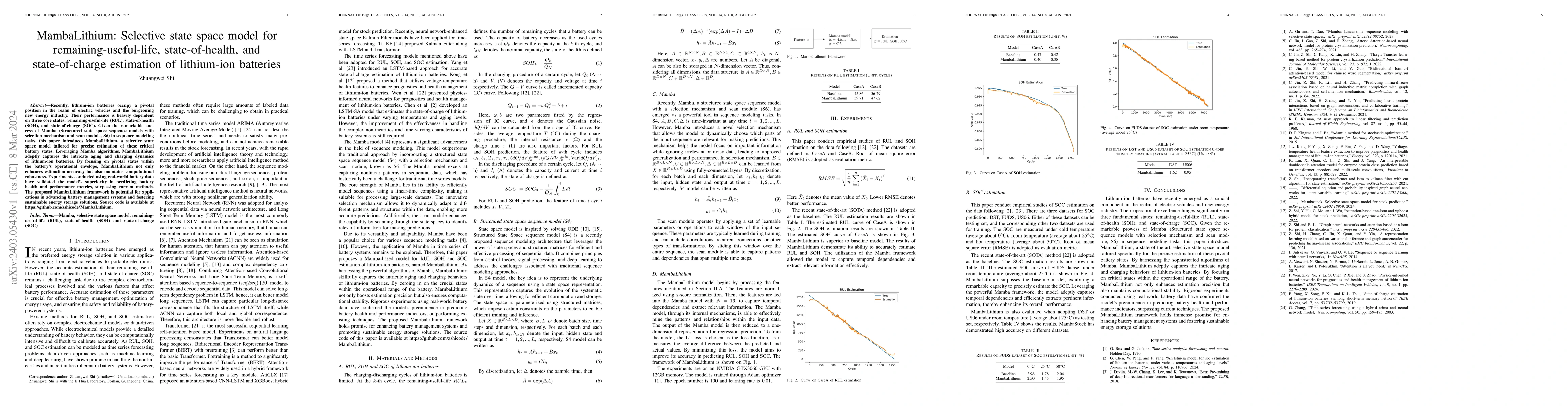 Thumbnail for MambaLithium: Selective state space model for remaining-useful-life,
  state-of-health, and state-of-charge estimation of lithium-ion batteries