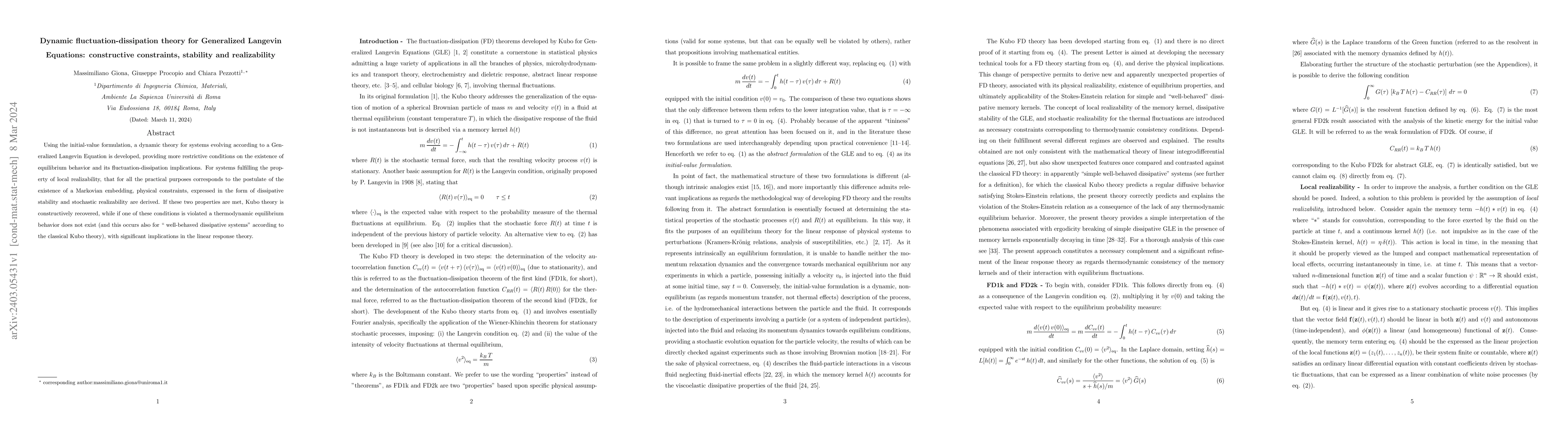 Thumbnail for Dynamic fluctuation-dissipation theory for Generalized Langevin
  Equations: constructive constraints, stability and realizability
