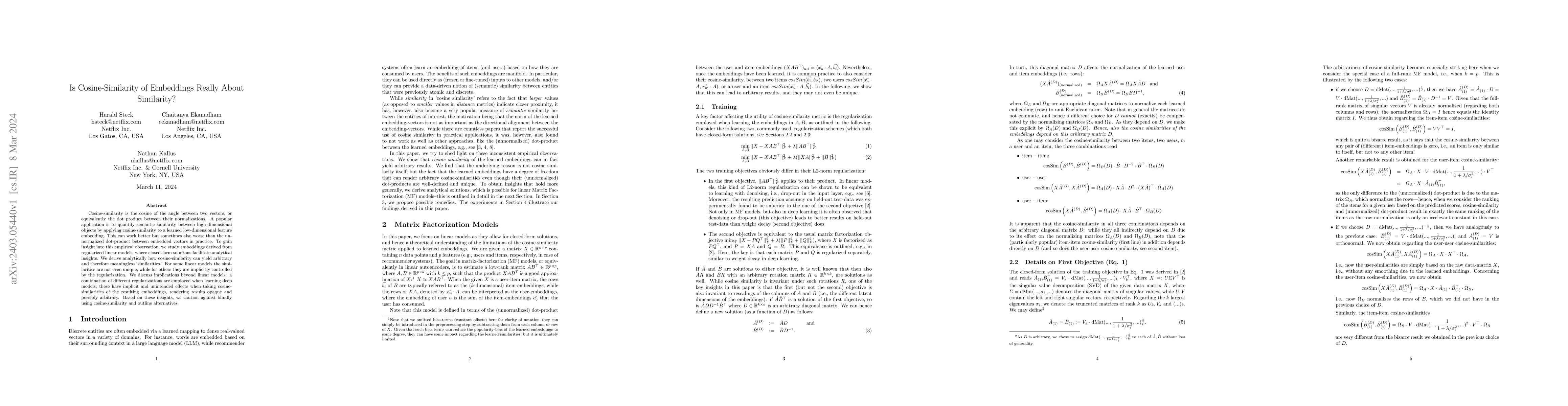 Thumbnail for Is Cosine-Similarity of Embeddings Really About Similarity?