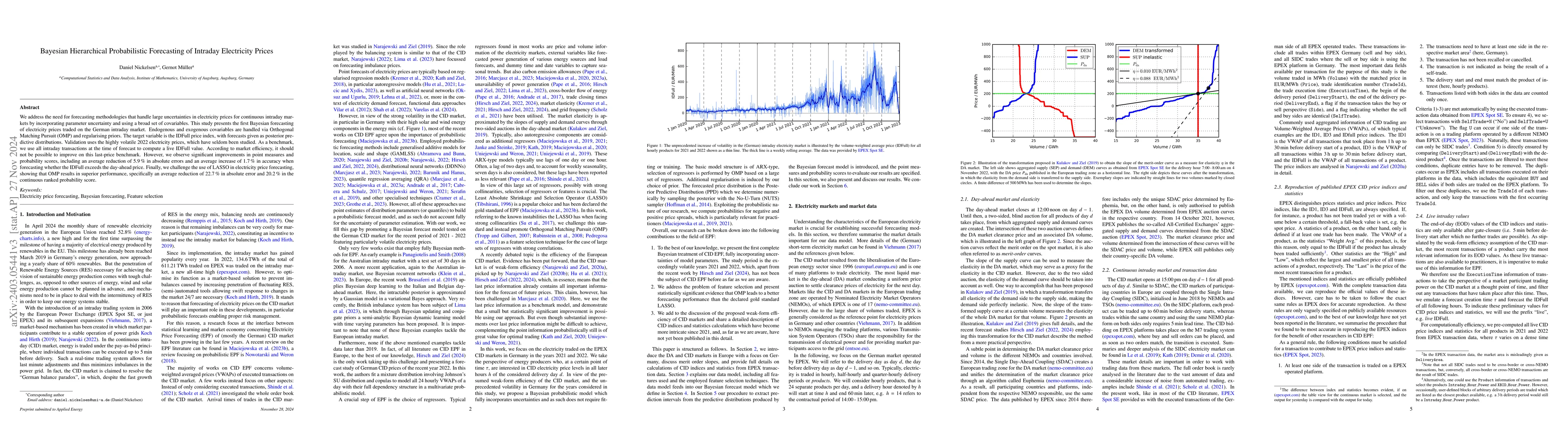 Thumbnail for Bayesian Hierarchical Probabilistic Forecasting of Intraday Electricity
  Prices