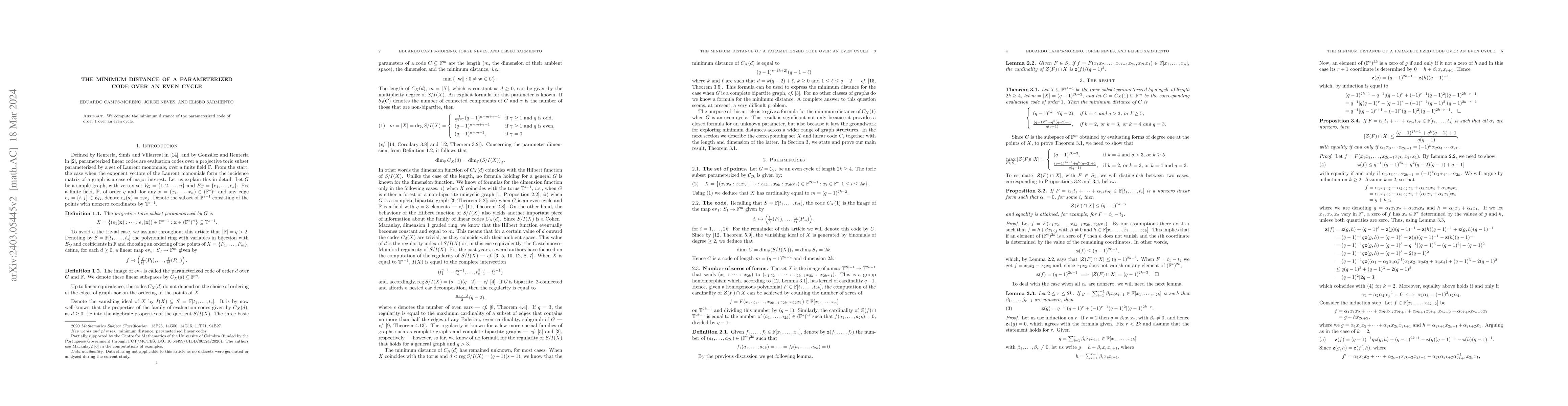 Thumbnail for The minimum distance of a parameterized code over an even cycle