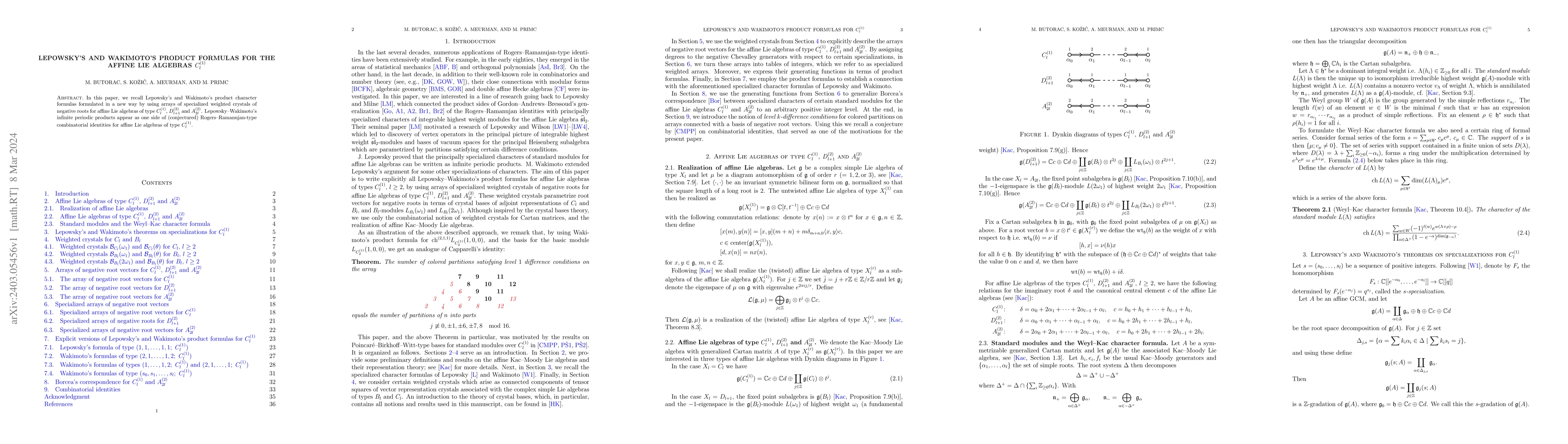 Thumbnail for Lepowsky's and Wakimoto's product formulas for the affine Lie algebras
  $C_l^{(1)}$