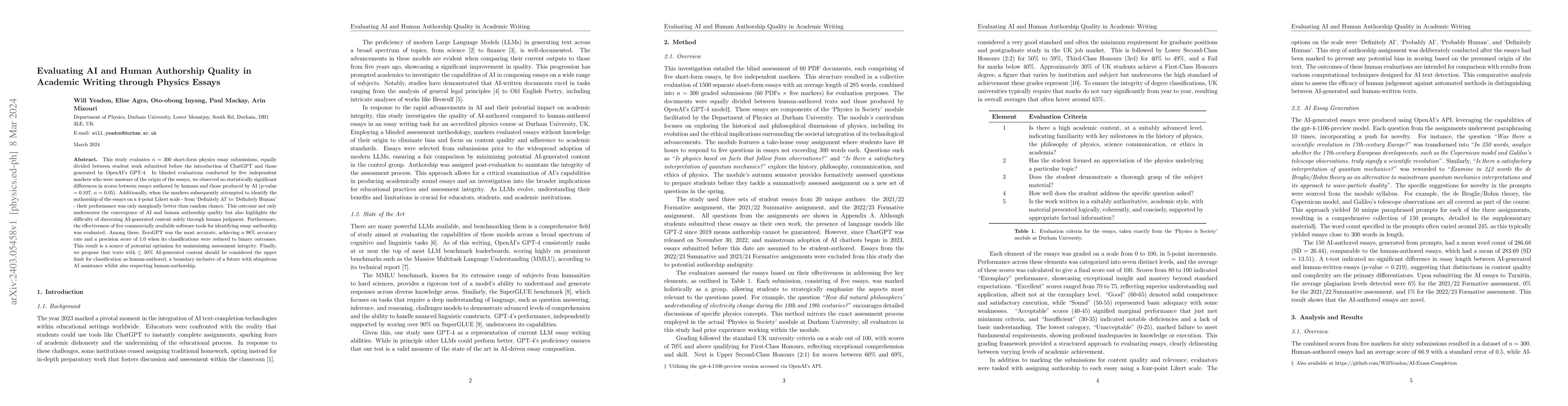 Thumbnail for Evaluating AI and Human Authorship Quality in Academic Writing through
  Physics Essays