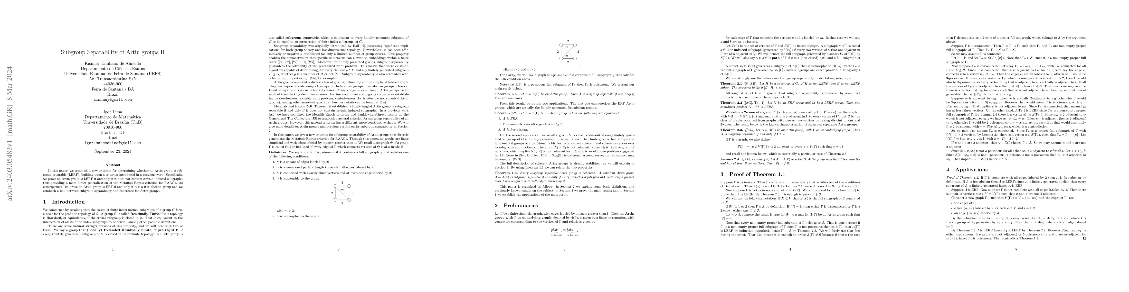Thumbnail for Subgroup Separability of Artin Groups II