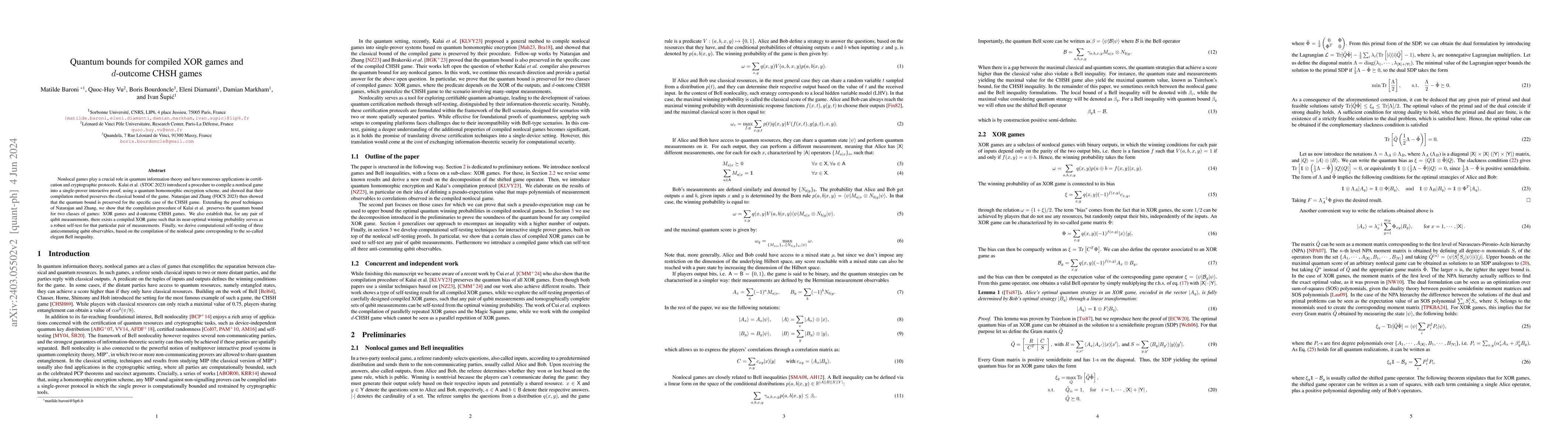 Thumbnail for Quantum bounds for compiled XOR games and $d$-outcome CHSH games