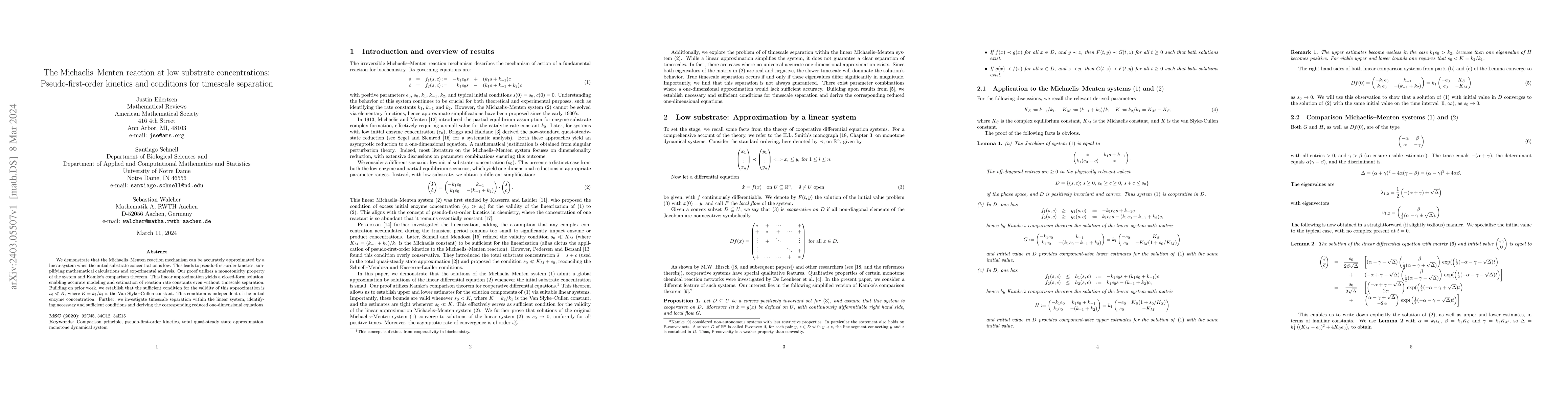 Thumbnail for The Michaelis--Menten reaction at low substrate concentrations:
  Pseudo-first-order kinetics and conditions for timescale separation
