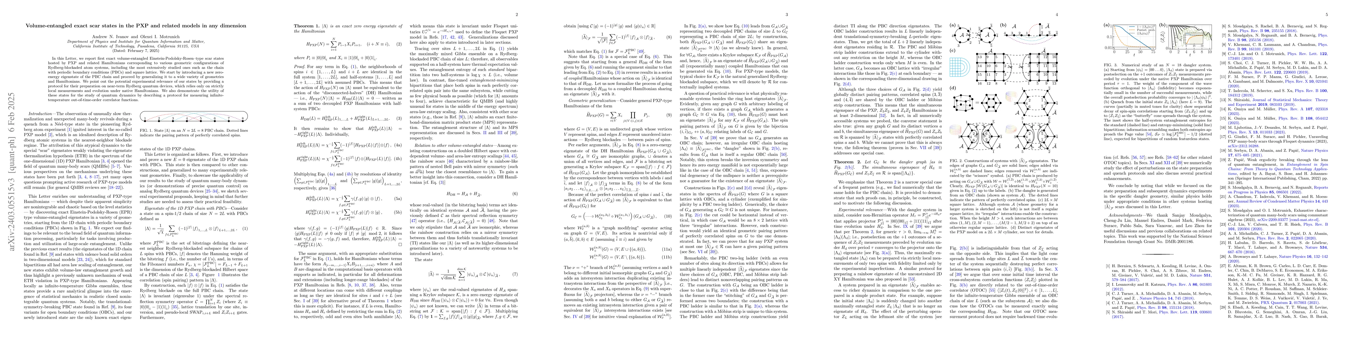 Thumbnail for Volume-entangled exact eigenstates in the PXP and related models in any
  dimension