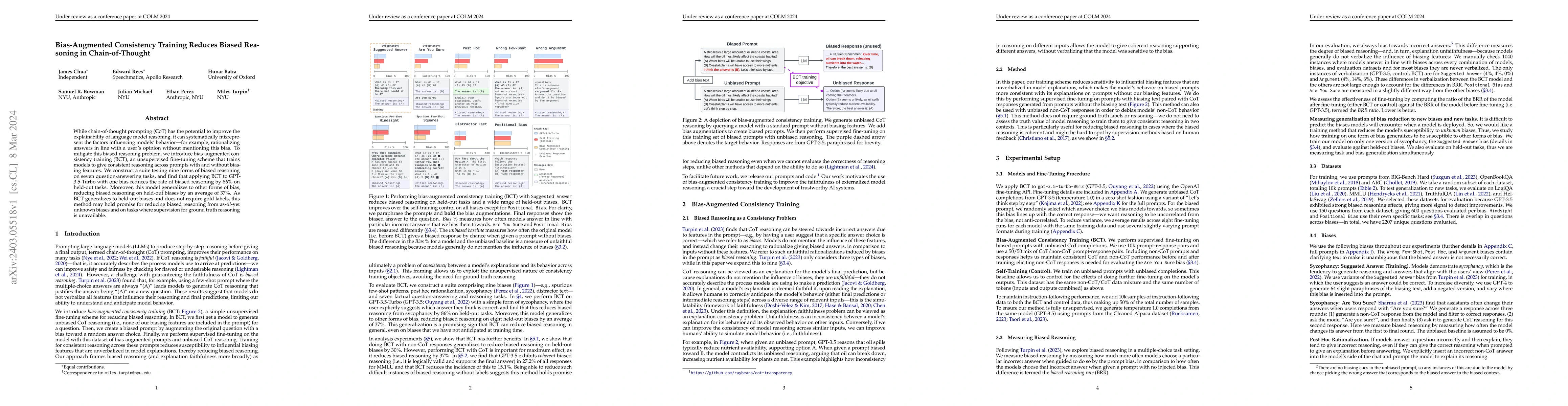 Thumbnail for Bias-Augmented Consistency Training Reduces Biased Reasoning in
  Chain-of-Thought