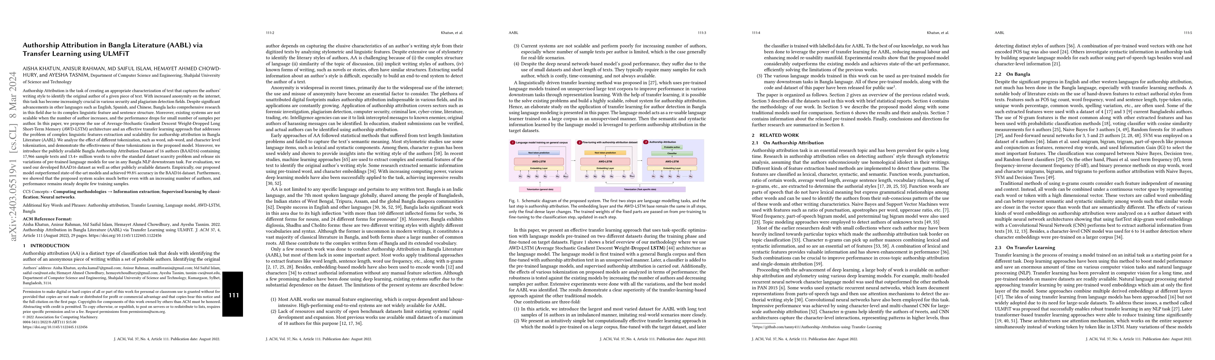 Thumbnail for Authorship Attribution in Bangla Literature (AABL) via Transfer Learning
  using ULMFiT