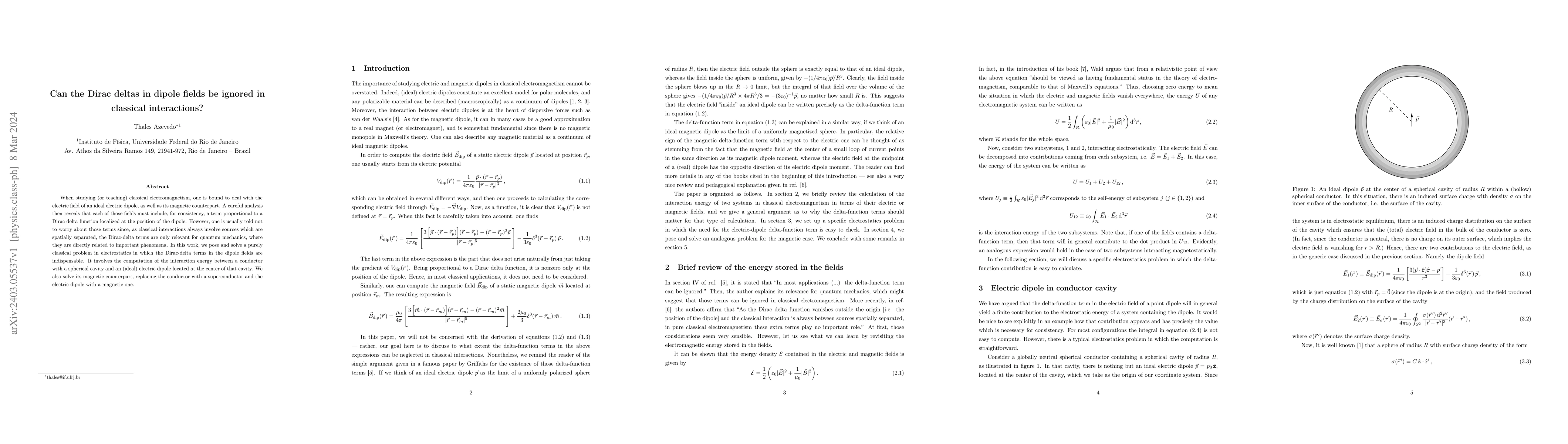 Thumbnail for Can the Dirac deltas in dipole fields be ignored in classical
  interactions?