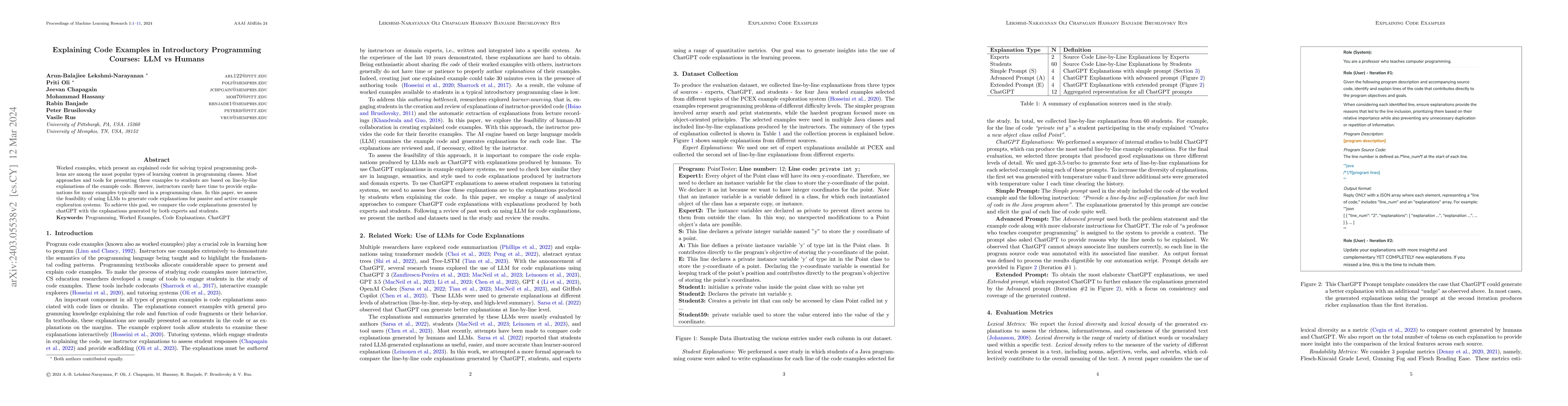 Thumbnail for Explaining Code Examples in Introductory Programming Courses: LLM vs
  Humans