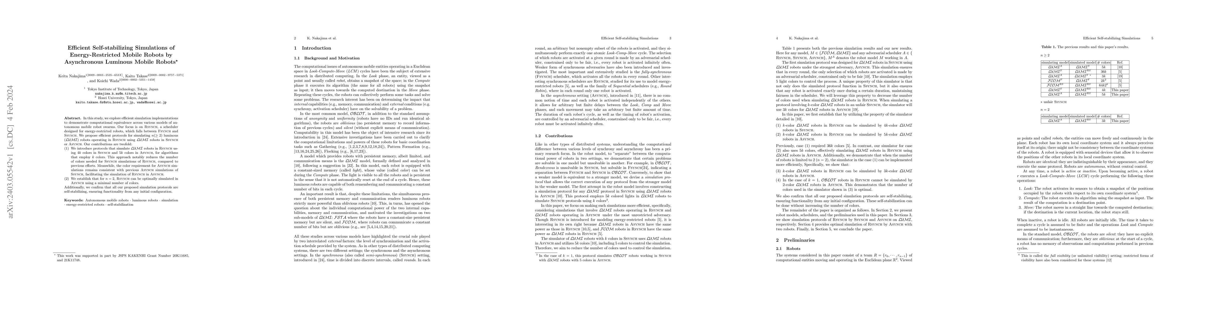 Thumbnail for Efficient Self-stabilizing Simulations of Energy-Restricted Mobile
  Robots by Asynchronous Luminous Mobile Robots