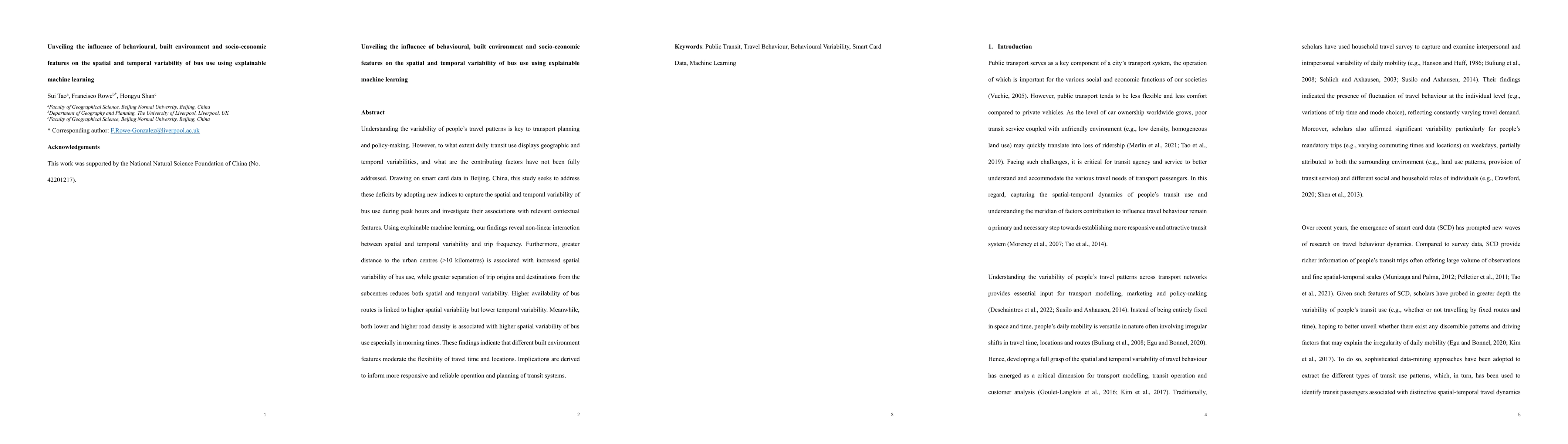 Thumbnail for Unveiling the influence of behavioural, built environment and
  socio-economic features on the spatial and temporal variability of bus use
  using explainable machine learning