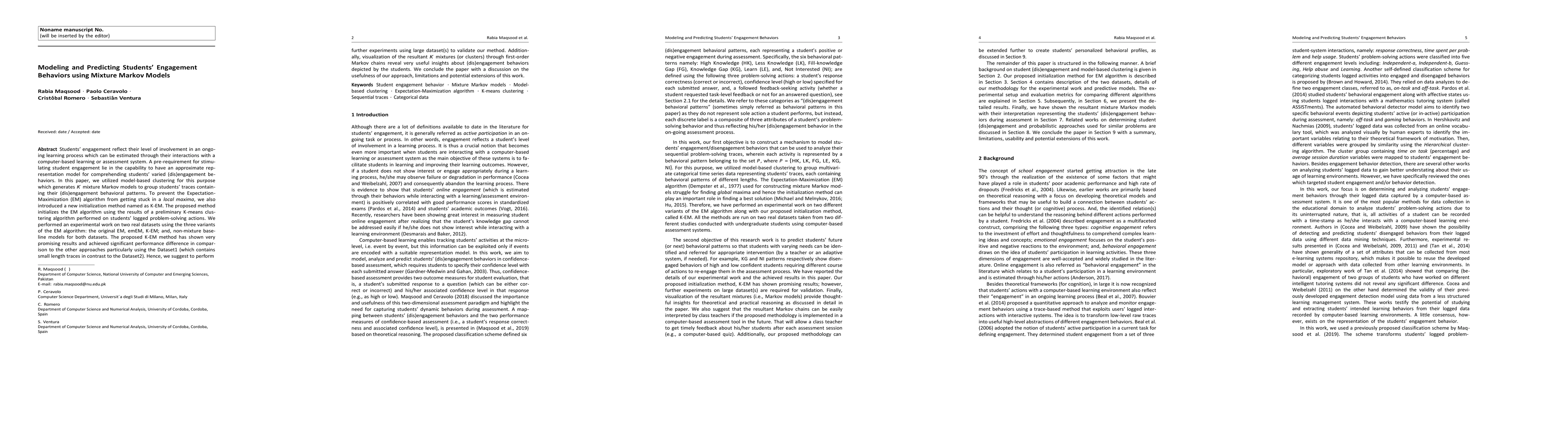 Thumbnail for Modeling and predicting students' engagement behaviors using mixture
  Markov models