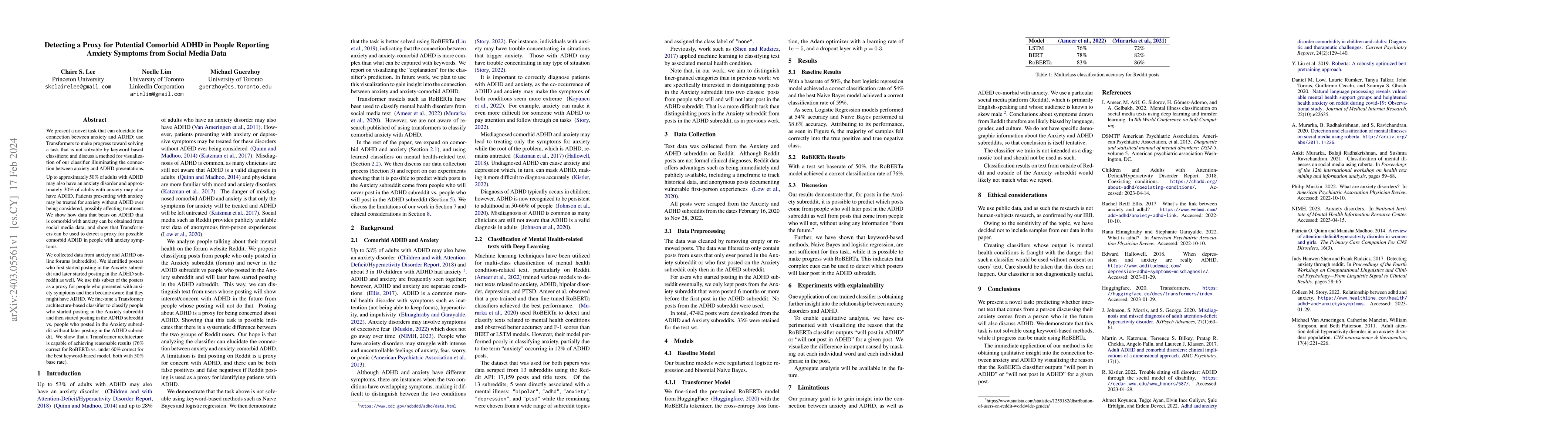 Thumbnail for Detecting a Proxy for Potential Comorbid ADHD in People Reporting
  Anxiety Symptoms from Social Media Data