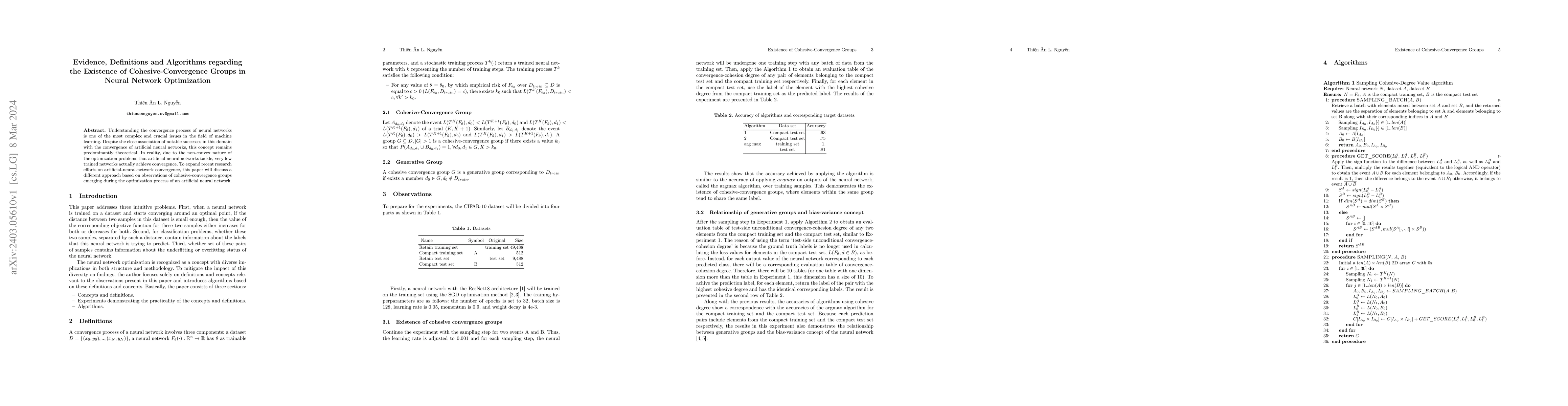 Thumbnail for Evidence, Definitions and Algorithms regarding the Existence of
  Cohesive-Convergence Groups in Neural Network Optimization
