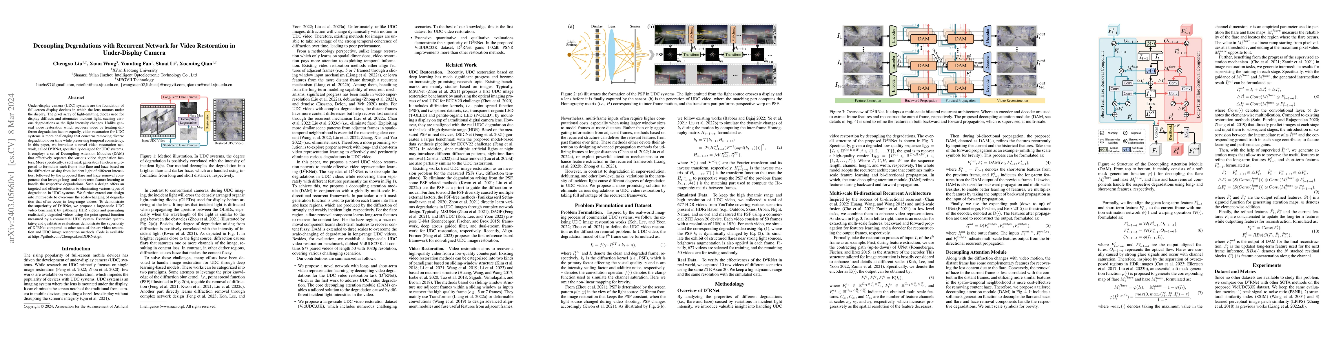 Thumbnail for Decoupling Degradations with Recurrent Network for Video Restoration in
  Under-Display Camera