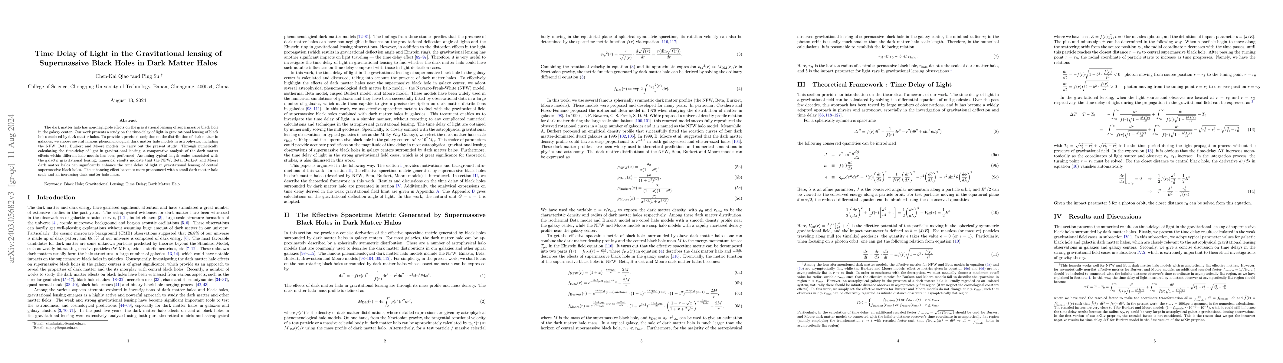Thumbnail for Time Delay of Light in the Gravitational lensing of Supermassive Black
  Holes in Dark Matter Halos