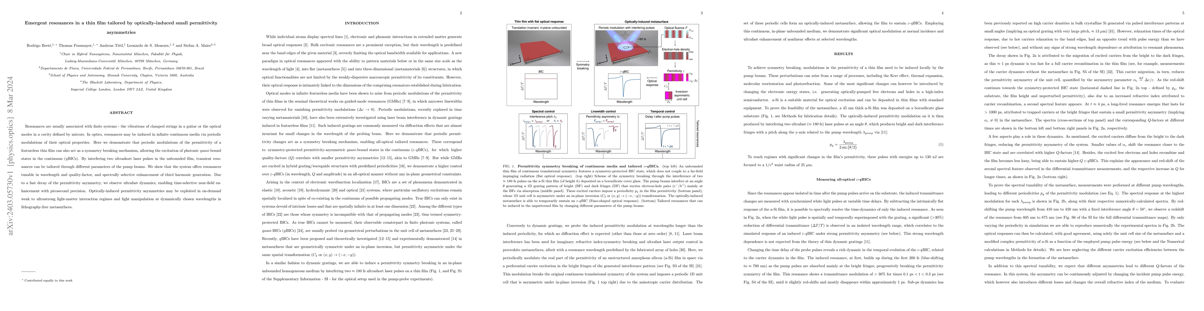 Thumbnail for Emergent resonances in a thin film tailored by optically-induced small
  permittivity asymmetries