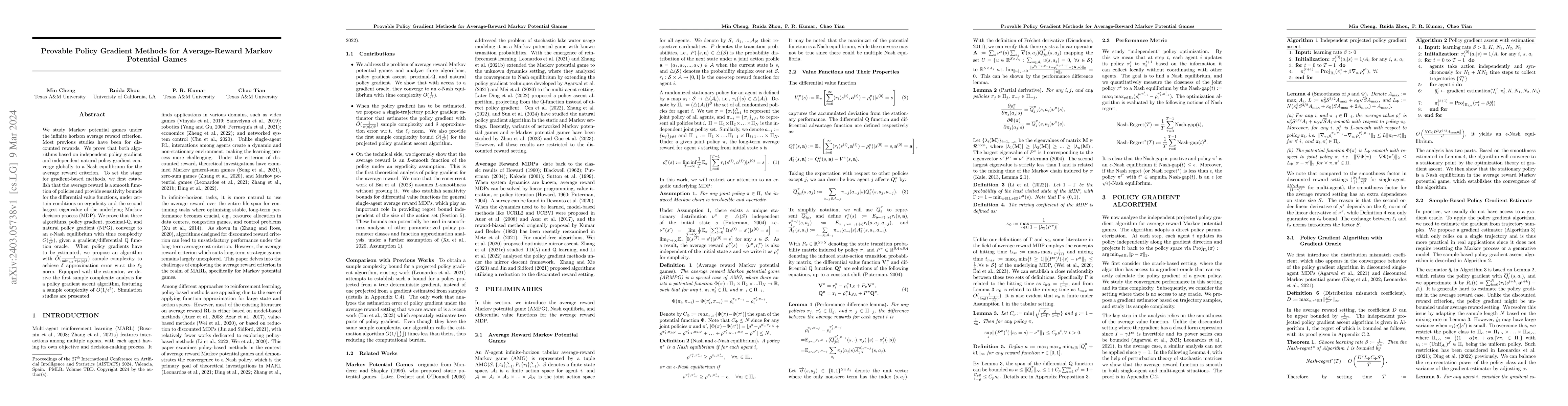 Thumbnail for Provable Policy Gradient Methods for Average-Reward Markov Potential
  Games