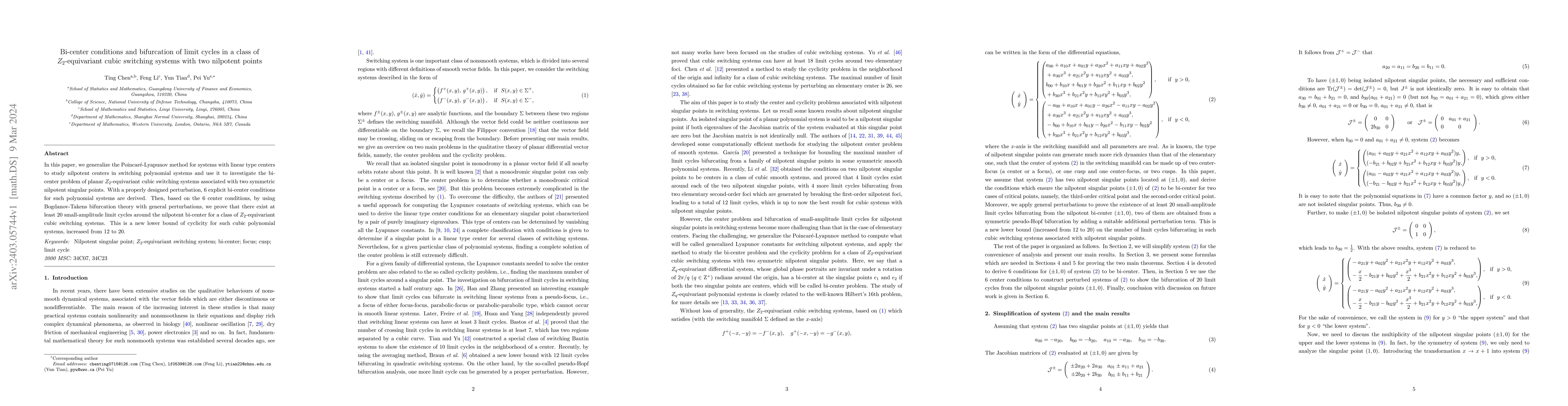 Thumbnail for Bi-center conditions and bifurcation of limit cycles in a class of
  $Z_2$-equivariant cubic switching systems with two nilpotent points