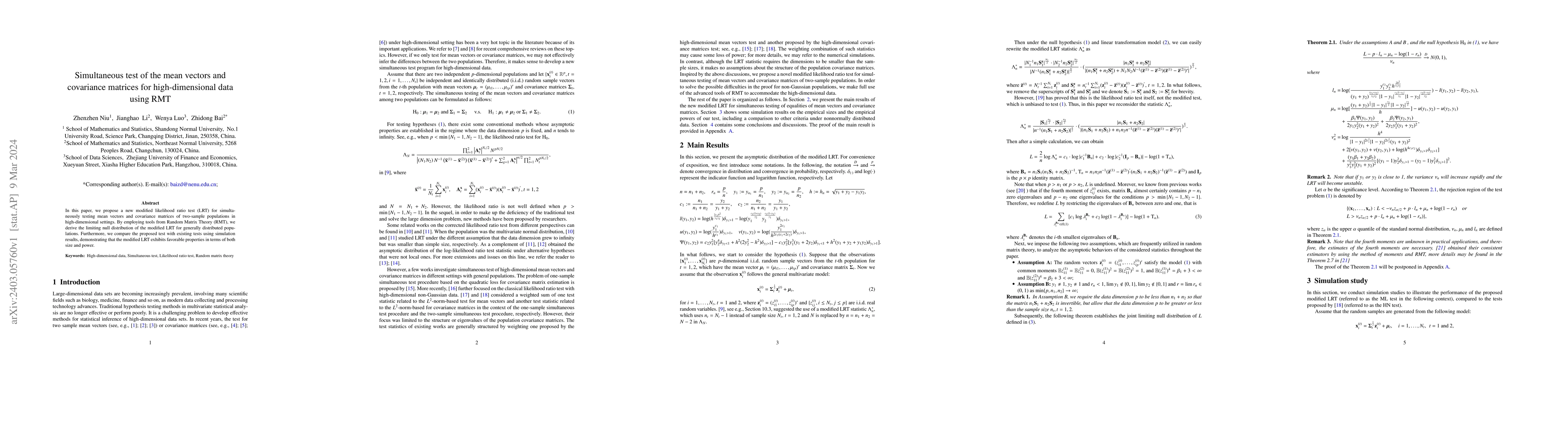 Thumbnail for Simultaneous test of the mean vectors and covariance matrices for
  high-dimensional data using RMT