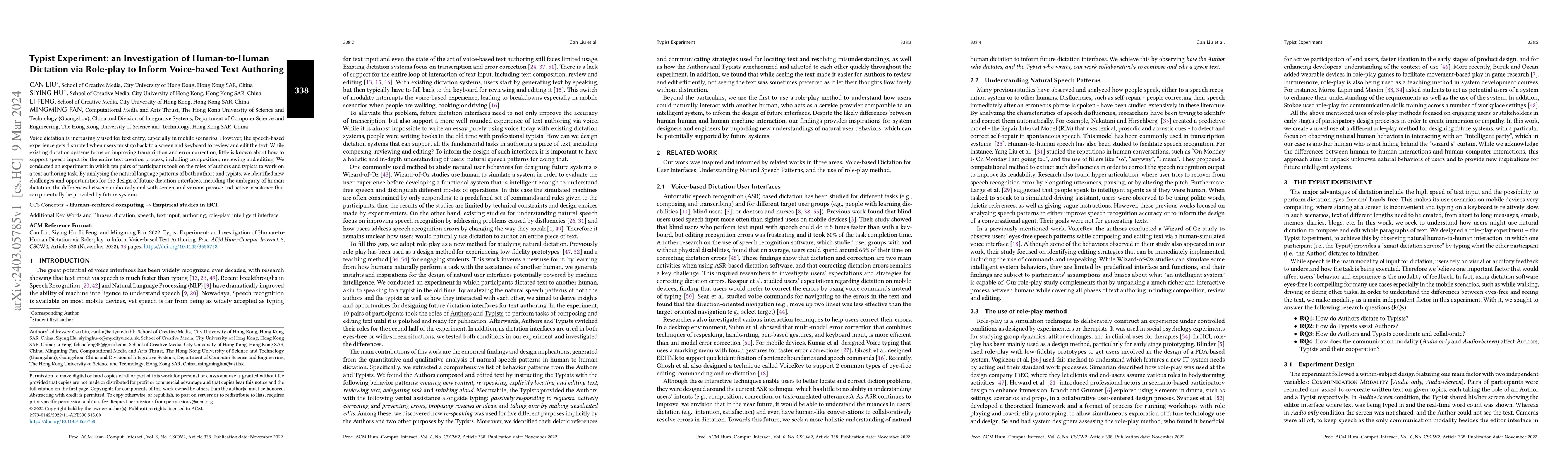 Thumbnail for Typist Experiment: an Investigation of Human-to-Human Dictation via
  Role-play to Inform Voice-based Text Authoring