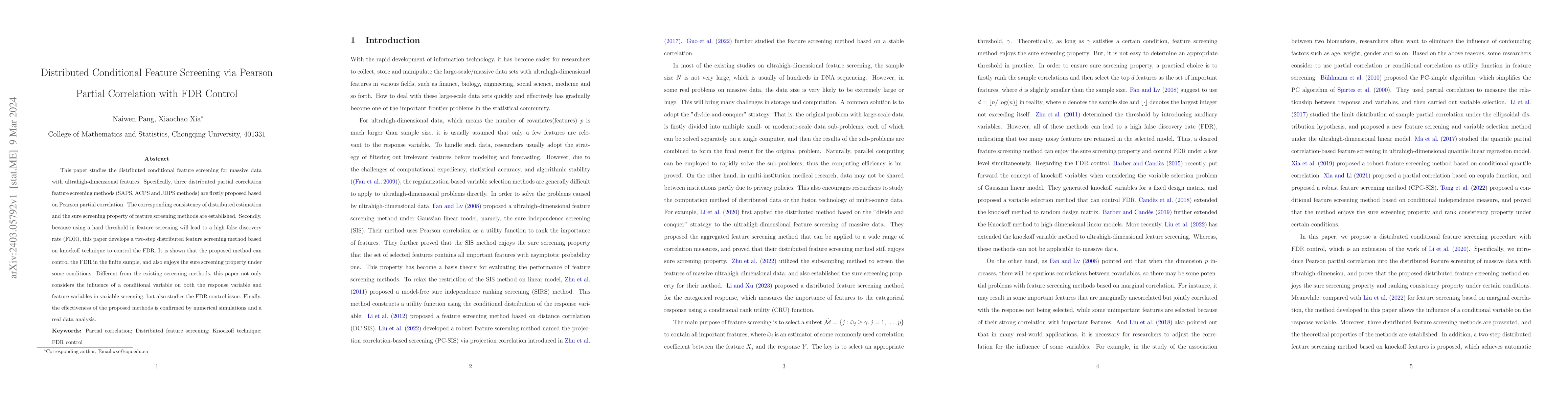 Thumbnail for Distributed Conditional Feature Screening via Pearson Partial
  Correlation with FDR Control