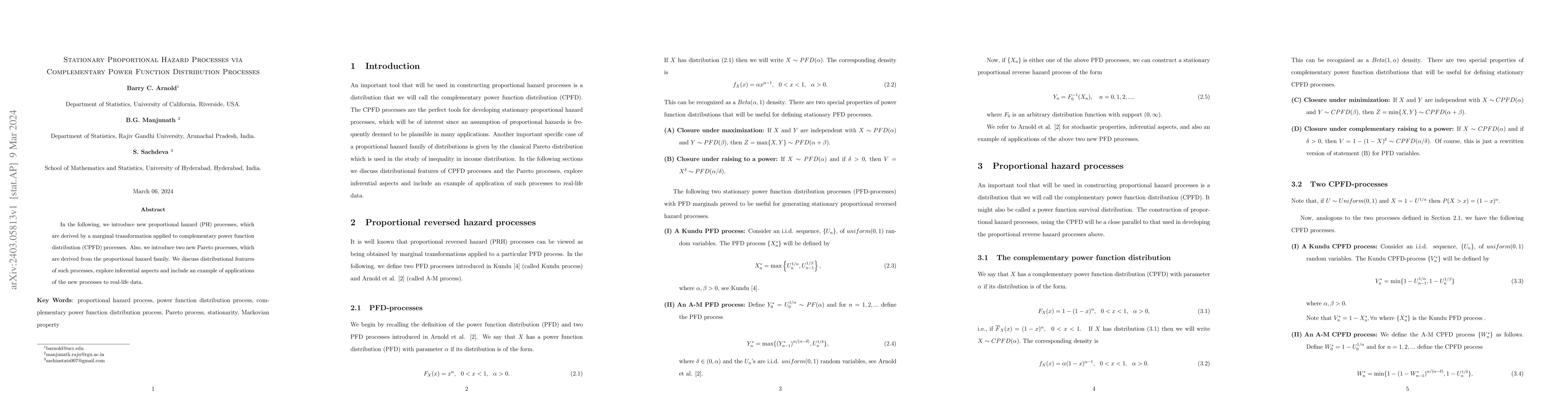 Thumbnail for Stationary Proportional Hazard Processes via Complementary Power
  Function Distribution Processes