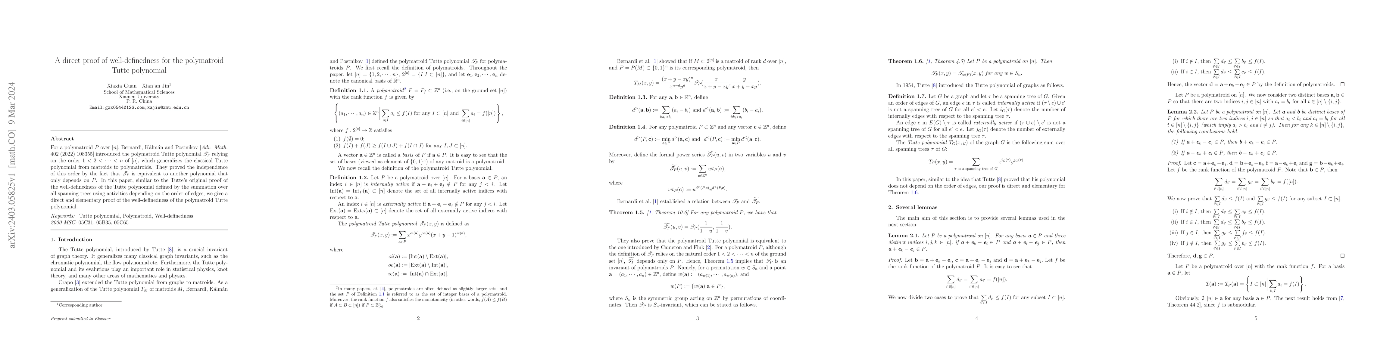 Thumbnail for A direct proof of well-definedness for the polymatroid Tutte polynomial
