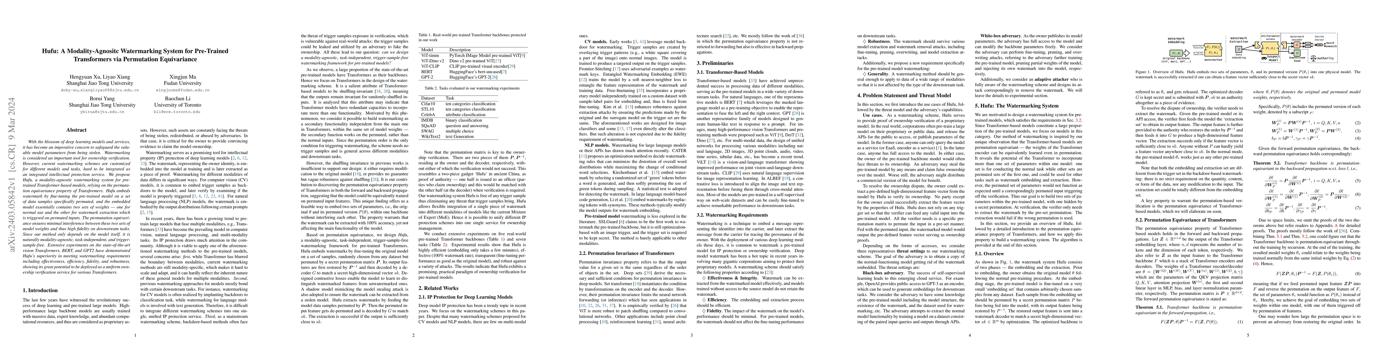 Thumbnail for Hufu: A Modality-Agnositc Watermarking System for Pre-Trained
  Transformers via Permutation Equivariance