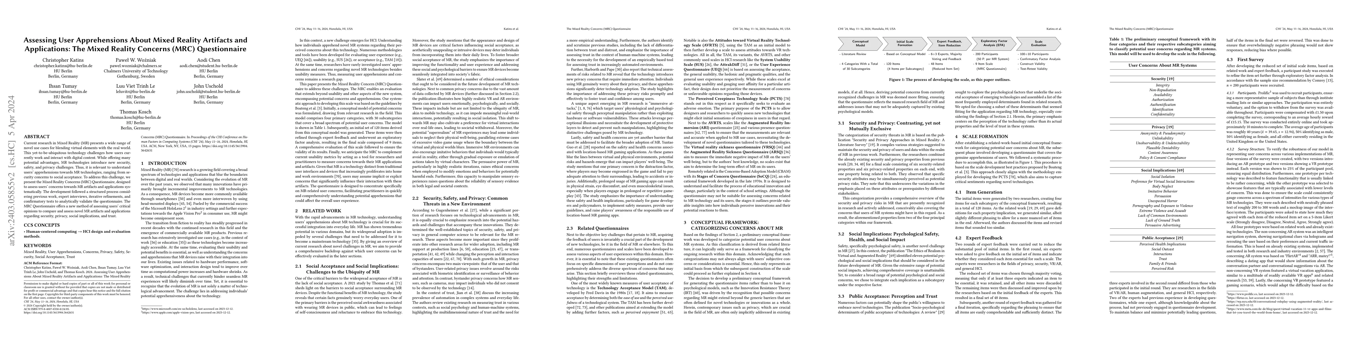 Thumbnail for Assessing User Apprehensions About Mixed Reality Artifacts and
  Applications: The Mixed Reality Concerns (MRC) Questionnaire