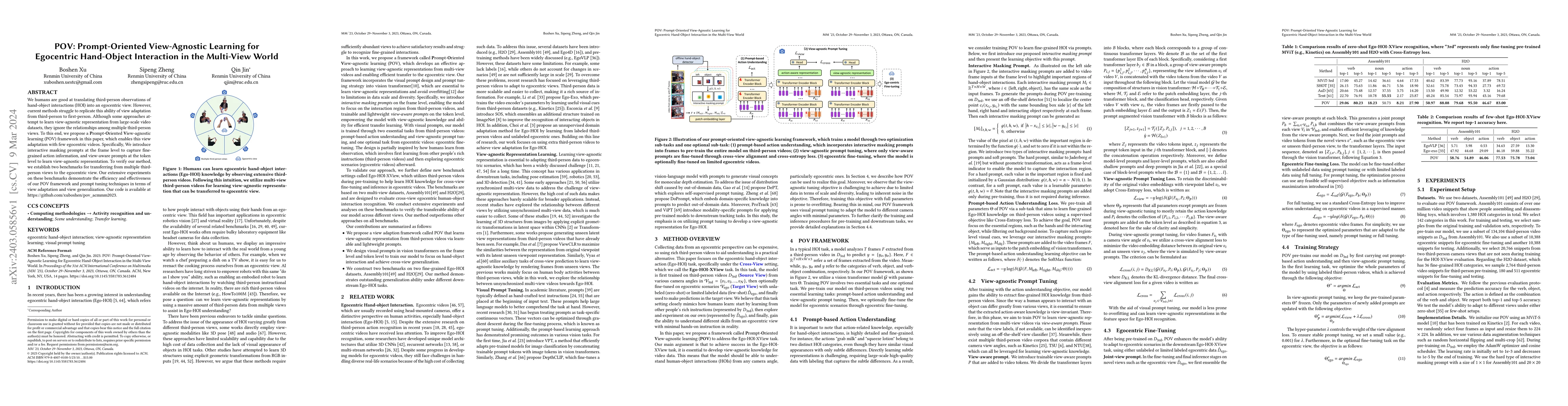 Thumbnail for POV: Prompt-Oriented View-Agnostic Learning for Egocentric Hand-Object
  Interaction in the Multi-View World