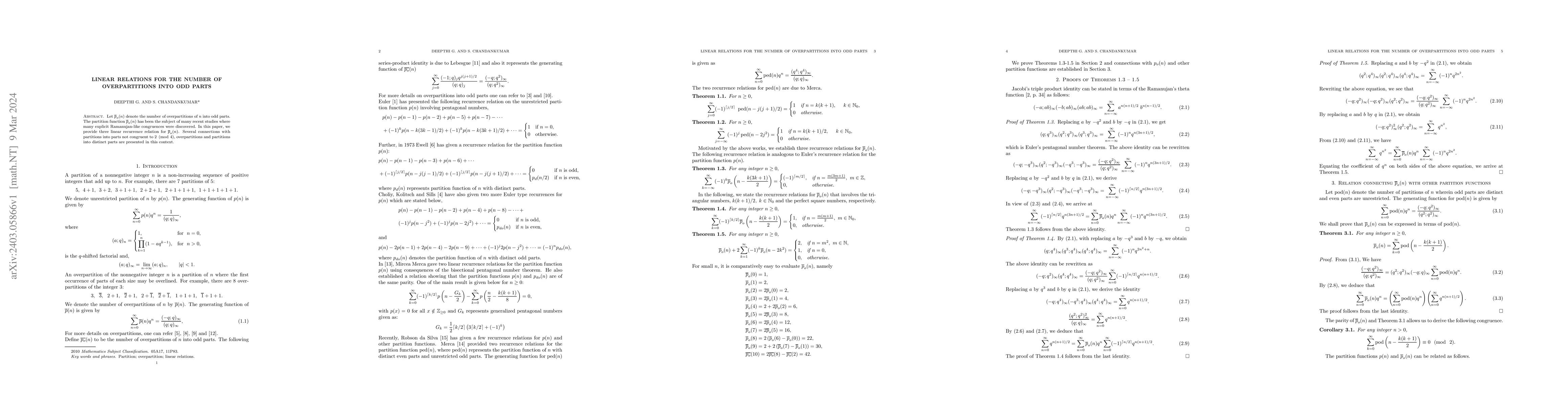 Thumbnail for Linear relations for the number of overpartitions into odd parts