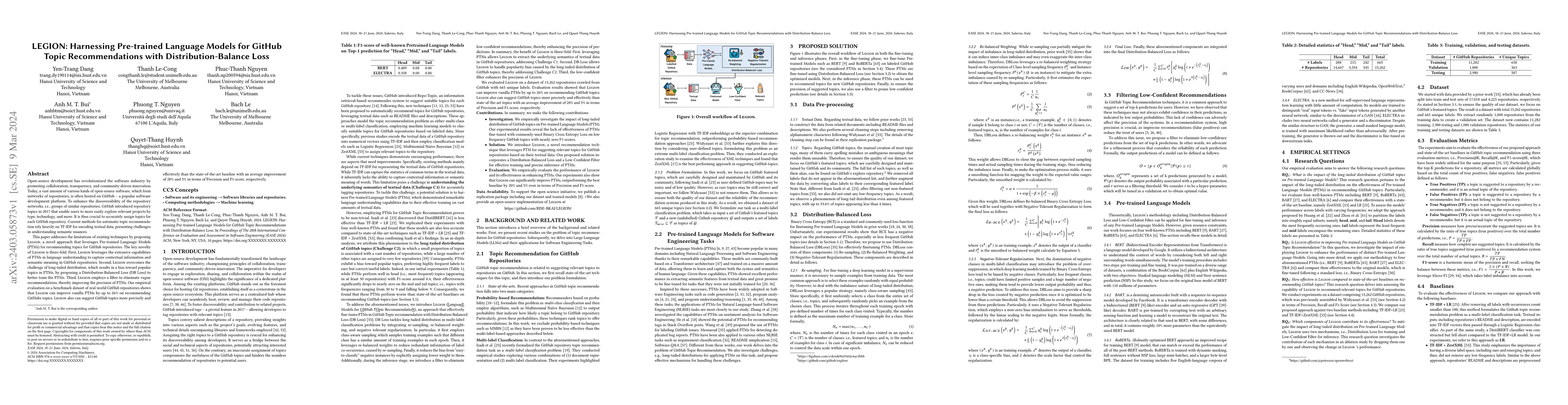 Thumbnail for LEGION: Harnessing Pre-trained Language Models for GitHub Topic
  Recommendations with Distribution-Balance Loss