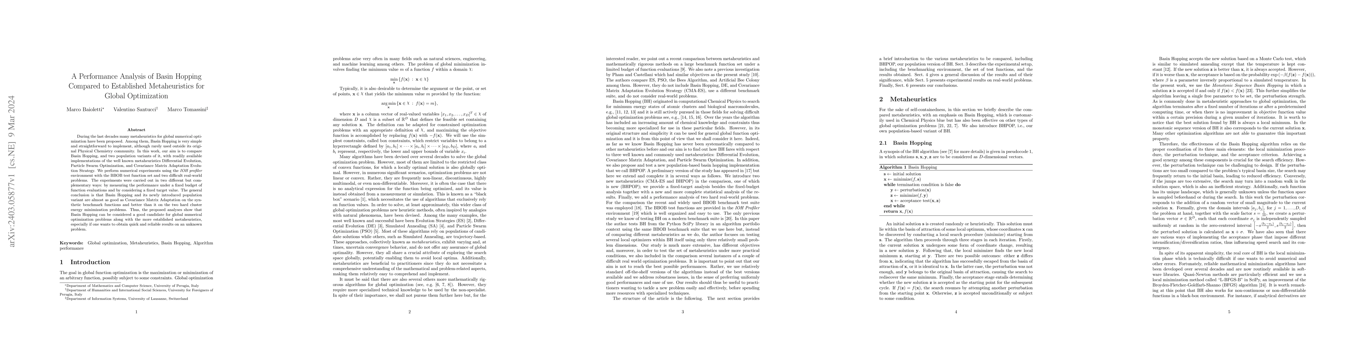 Thumbnail for A Performance Analysis of Basin Hopping Compared to Established
  Metaheuristics for Global Optimization