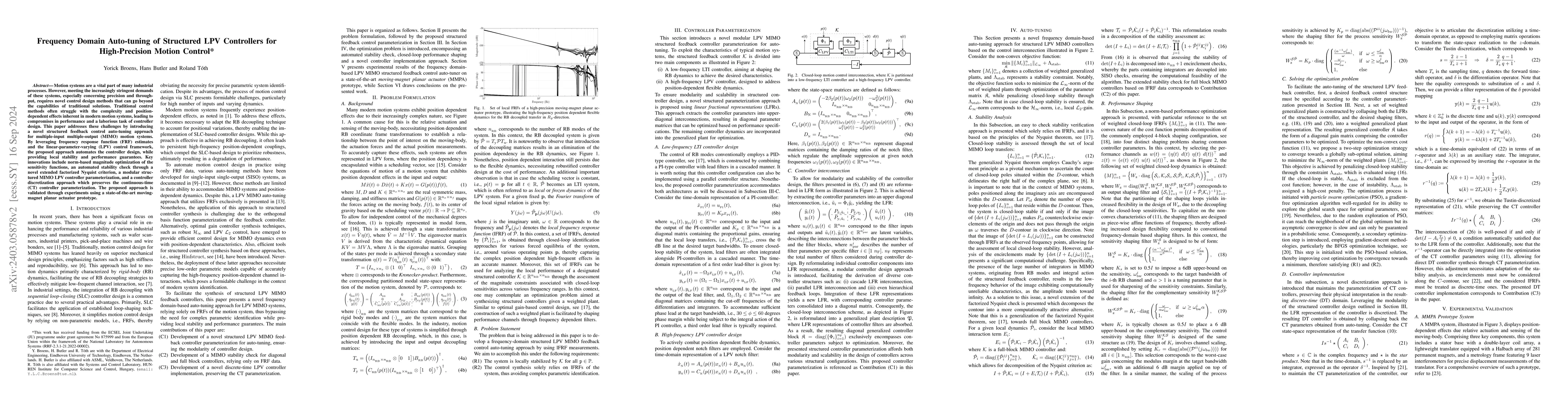 Thumbnail for Frequency Domain Auto-tuning of Structured LPV Controllers for
  High-Precision Motion Control