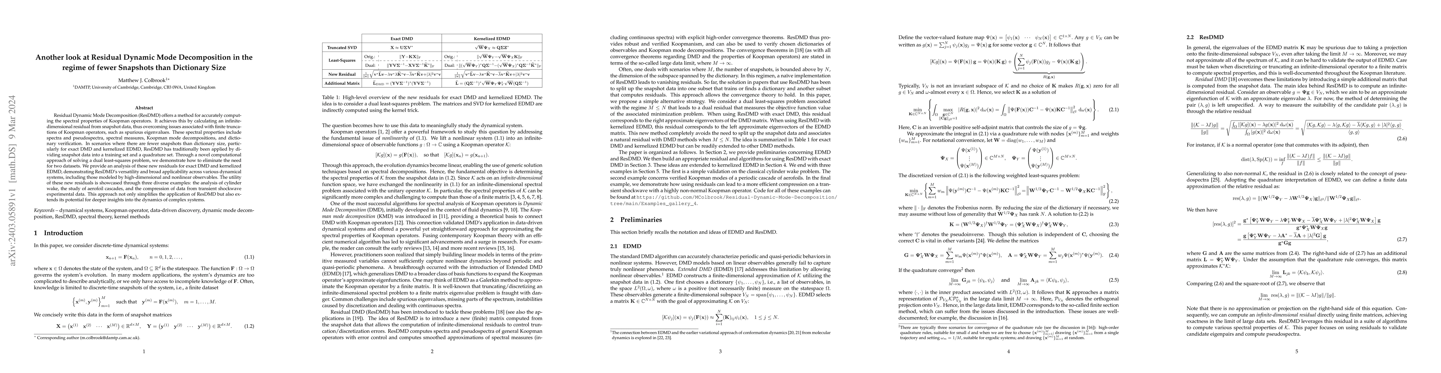 Thumbnail for Another look at Residual Dynamic Mode Decomposition in the regime of
  fewer Snapshots than Dictionary Size