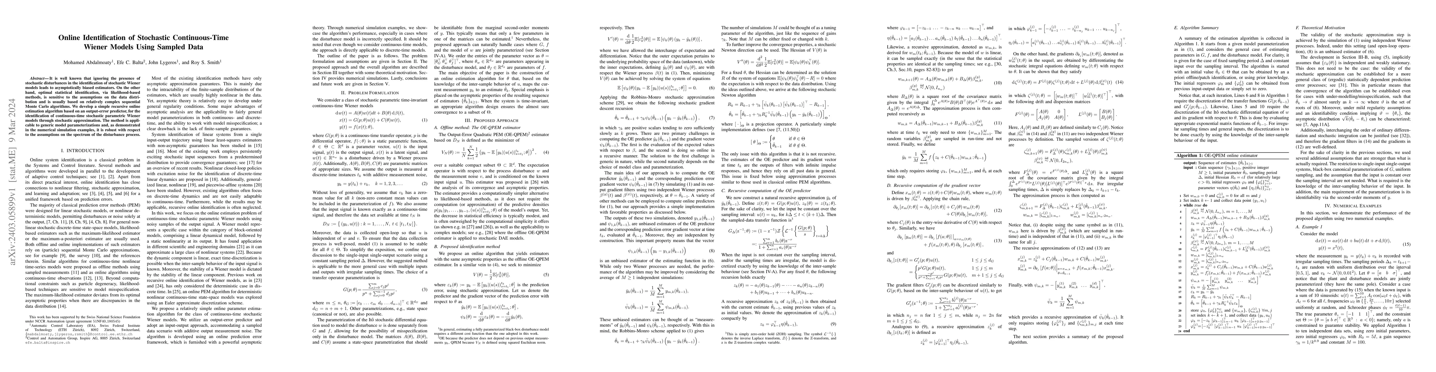 Thumbnail for Online Identification of Stochastic Continuous-Time Wiener Models Using
  Sampled Data