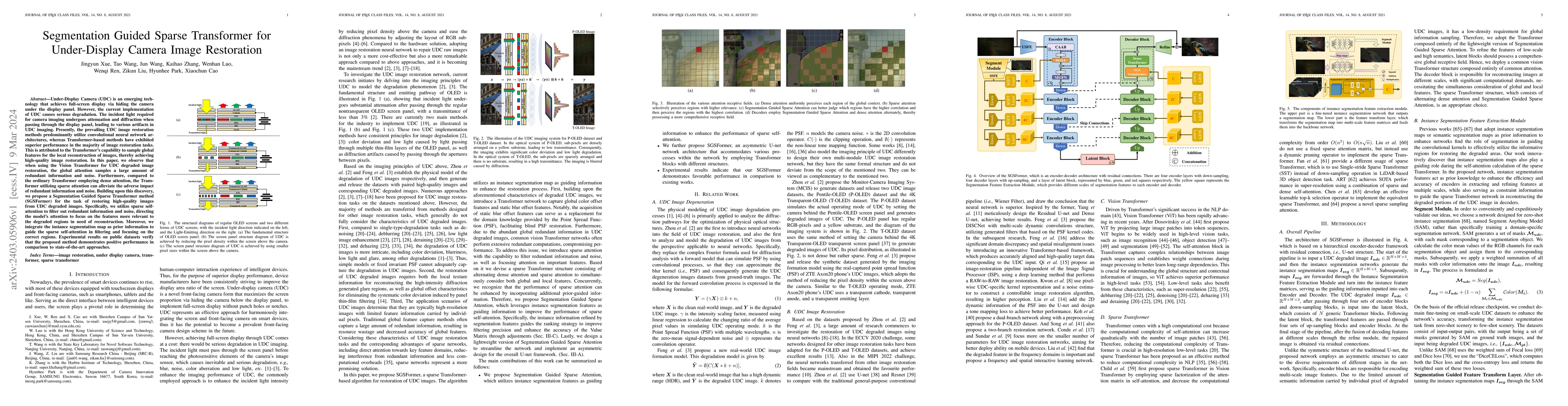 Thumbnail for Segmentation Guided Sparse Transformer for Under-Display Camera Image
  Restoration