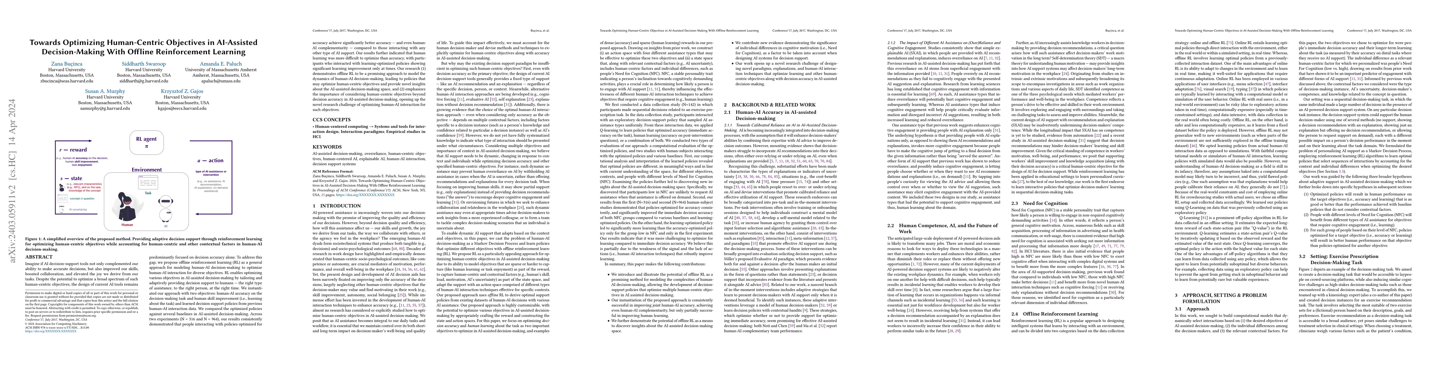 Thumbnail for Towards Optimizing Human-Centric Objectives in AI-Assisted
  Decision-Making With Offline Reinforcement Learning
