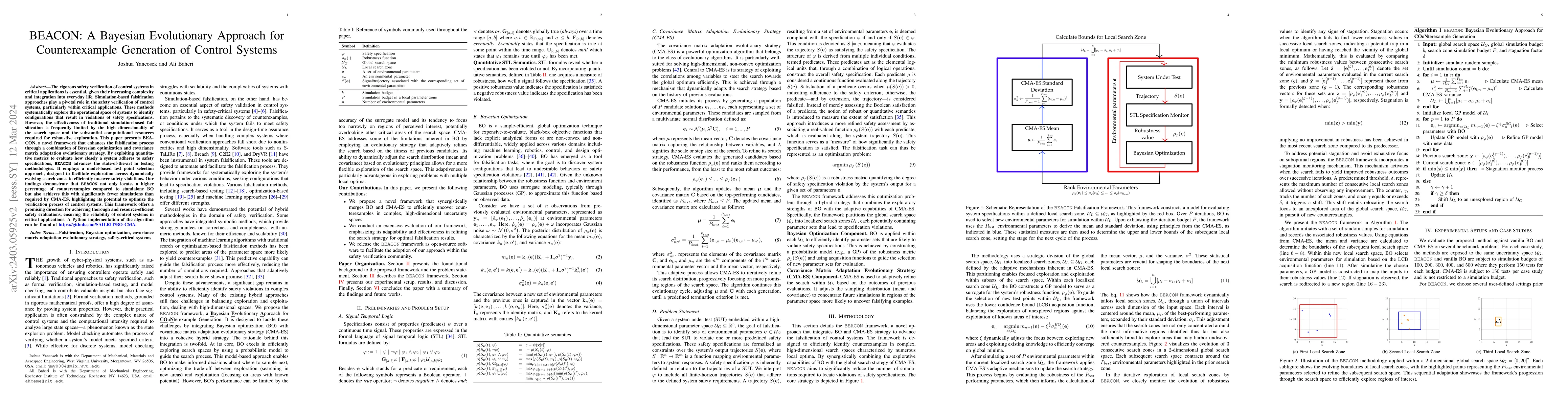 Thumbnail for BEACON: A Bayesian Evolutionary Approach for Counterexample Generation
  of Control Systems