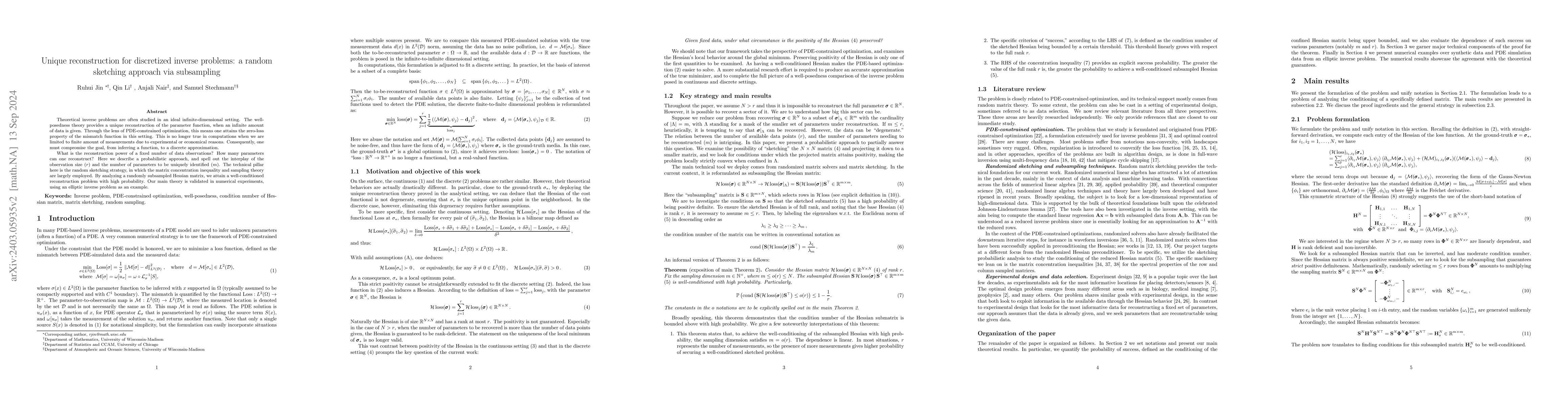 Thumbnail for Unique reconstruction for discretized inverse problems: a random
  sketching approach