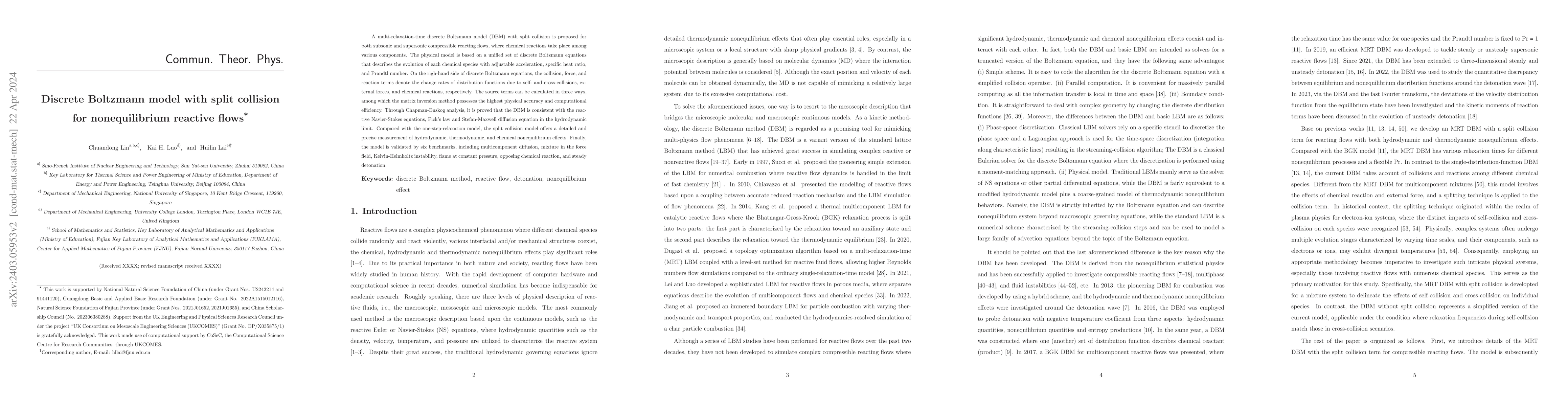 Thumbnail for Discrete Boltzmann model with split collision for nonequilibrium
  reactive flows
