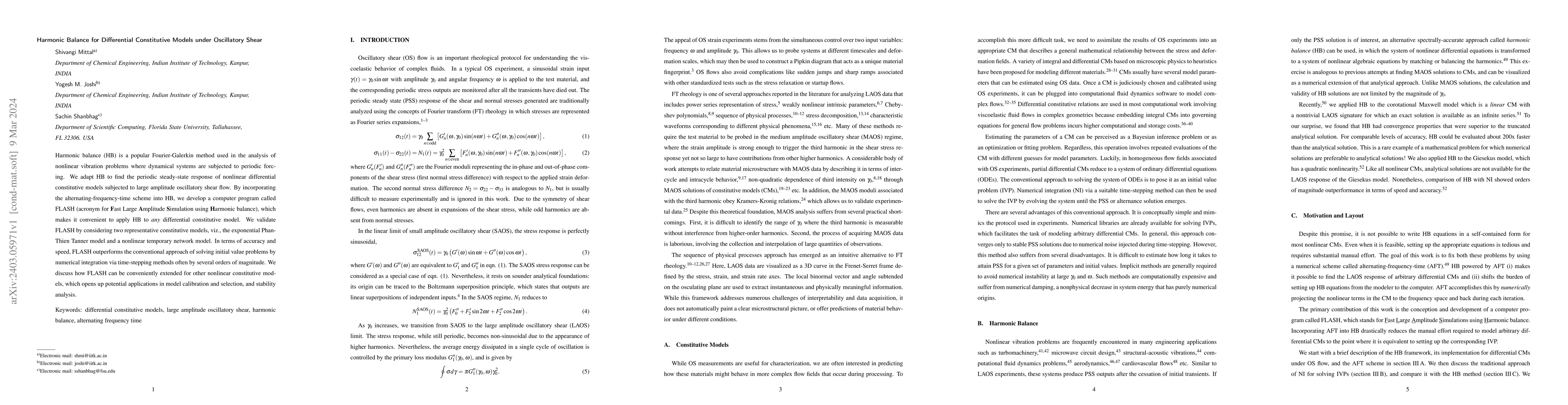 Thumbnail for Harmonic Balance for Differential Constitutive Models under Oscillatory
  Shear