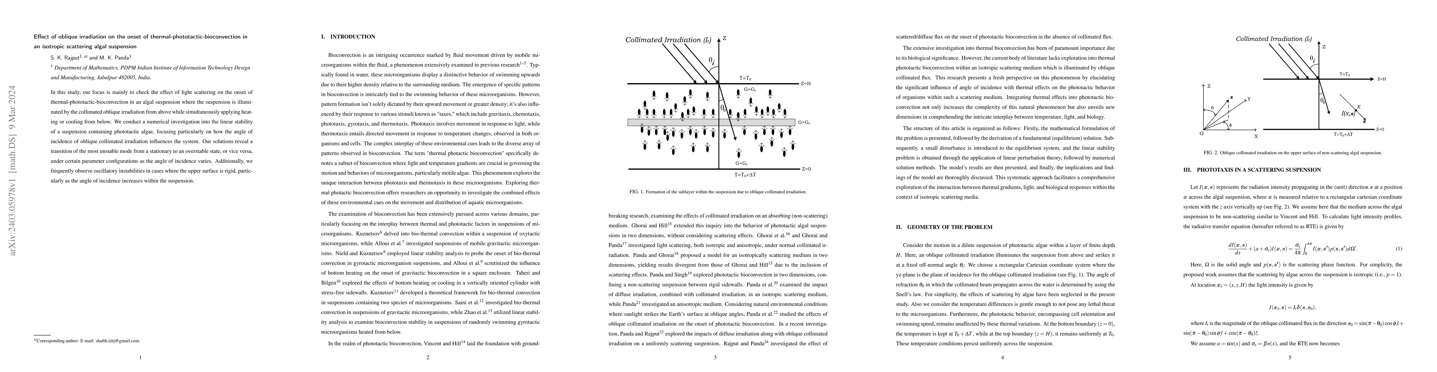 Thumbnail for Effect of oblique irradiation on the onset of
  thermal-phototactic-bioconvection in an isotropic scattering algal suspension