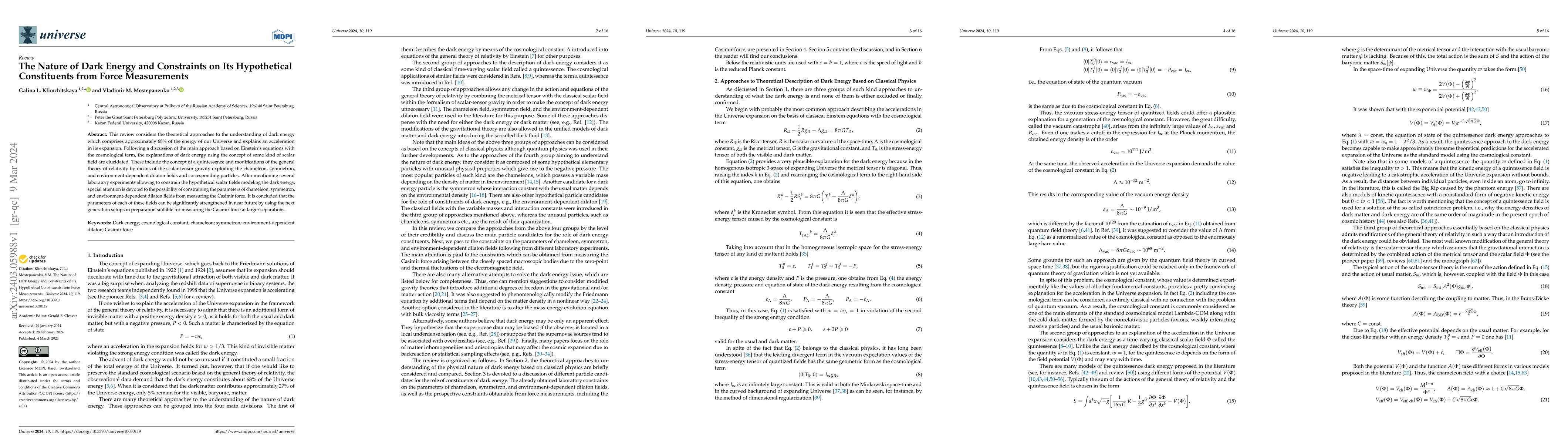 Thumbnail for The Nature of Dark Energy and Constraints on Its Hypothetical
  Constituents from Force Measurements