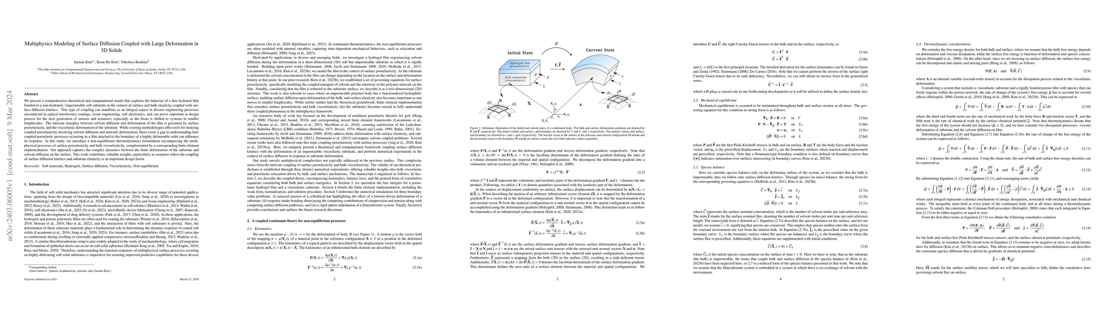 Thumbnail for Multiphysics Modeling of Surface Diffusion Coupled with Large
  Deformation in 3D Solids