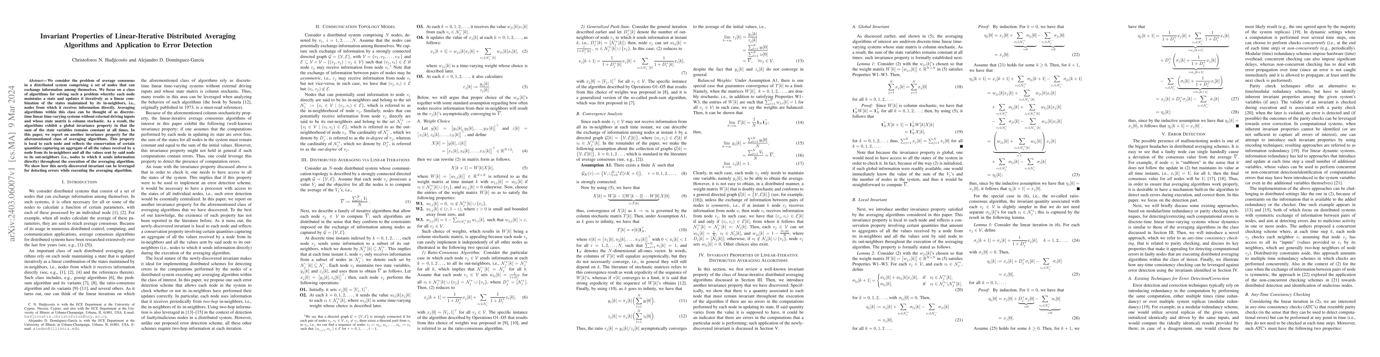 Thumbnail for Invariant Properties of Linear-Iterative Distributed Averaging
  Algorithms and Application to Error Detection