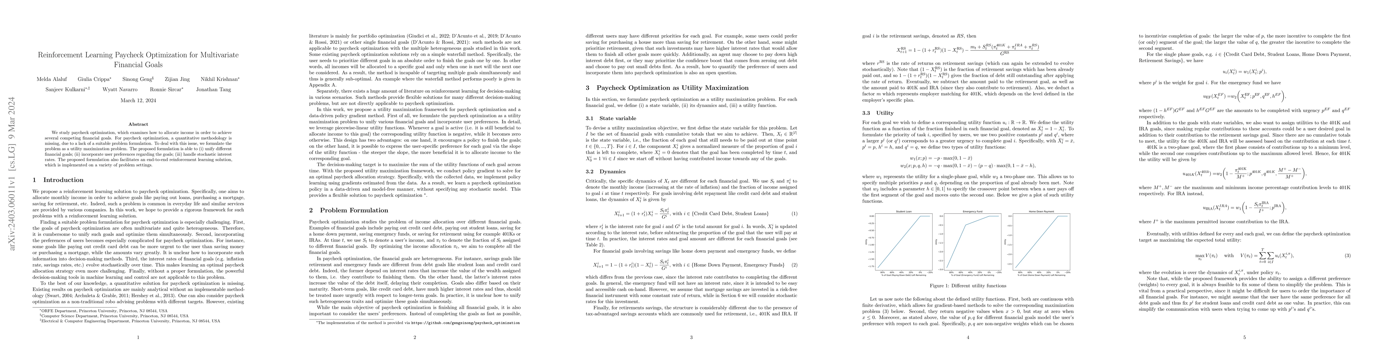 Thumbnail for Reinforcement Learning Paycheck Optimization for Multivariate Financial
  Goals